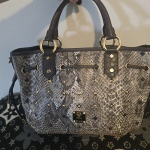MCM Snakeskin Patterned Satchel with Gold Accents